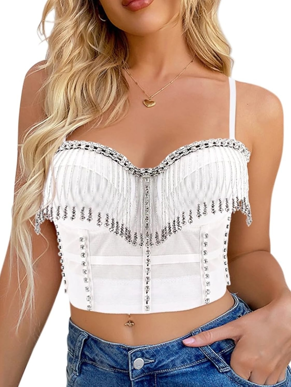 Erinaco White Embellished Fringe Bustier Crop Top